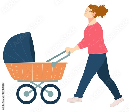 Mother walking with perambulator and kid vector