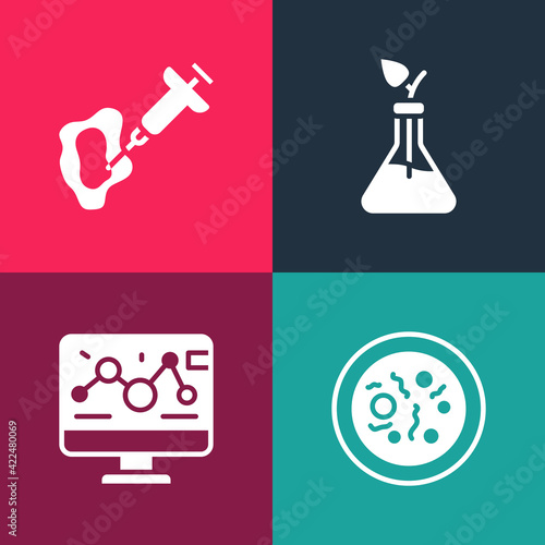 Set pop art Petri dish with bacteria, Genetic engineering modification, Plant breeding and Syringe icon. Vector