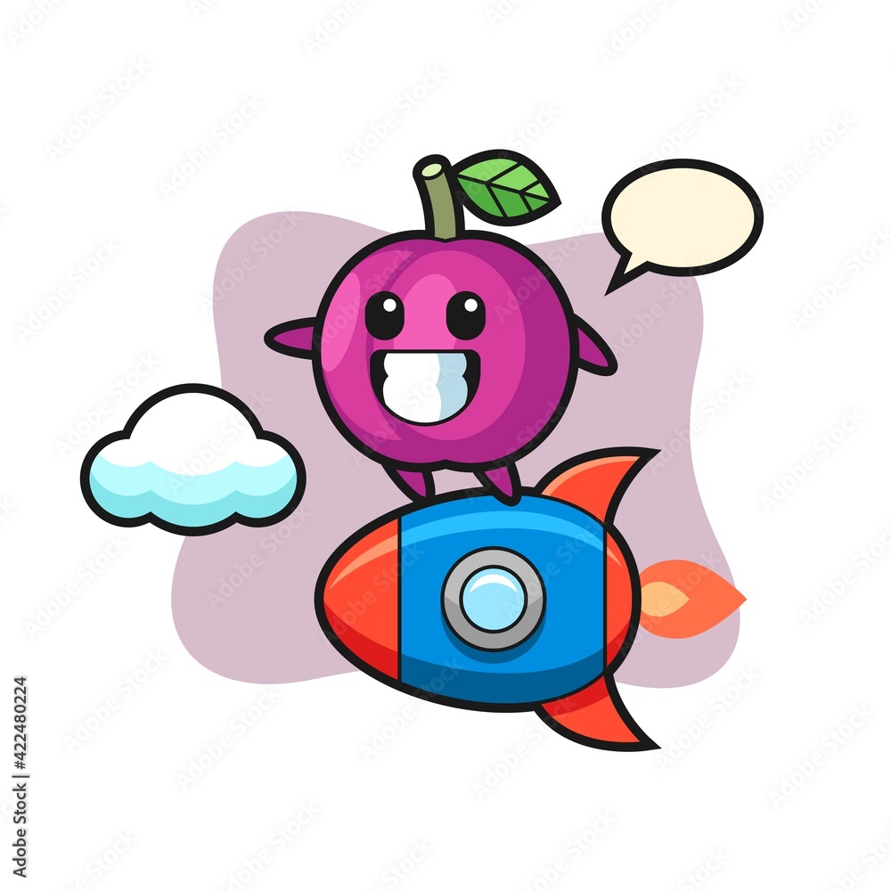 Fototapeta premium plum fruit mascot character riding a rocket