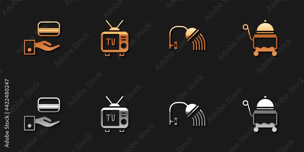 Set Digital door lock, Retro tv, Shower head and Covered with tray icon. Vector Set Digital door lock, Retro tv, Shower head and Covered with tray icon. Vector