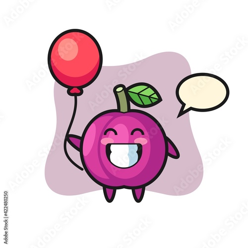 plum fruit mascot illustration is playing balloon