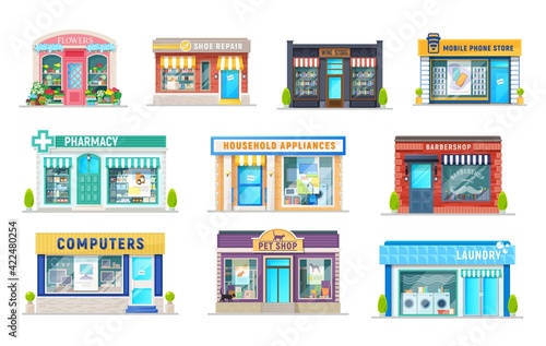 Building of shop, store, pharmacy, laundry and barbershop isolated icons of cartoon vector retail business architecture. Computer, wine, flower and pet shop, mobile phone and drug stores design