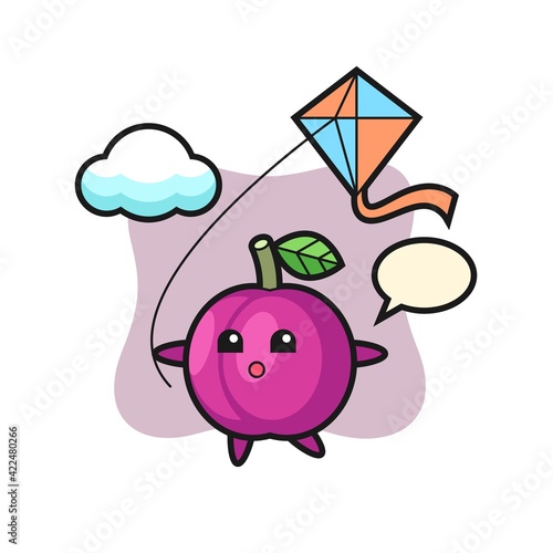 plum fruit mascot illustration is playing kite
