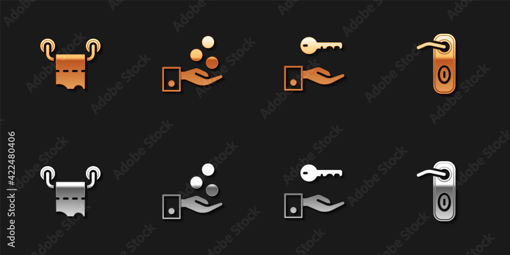 Set Toilet paper roll, Paying tips, Hotel door lock key and Door handle icon. Vector Set Toilet paper roll, Paying tips, Hotel door lock key and Door handle icon. Vector