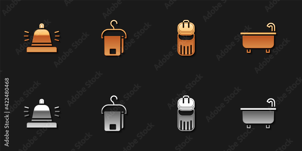 Set Hotel service bell, Towel on hanger, Trash can and Bathtub icon. Vector Set Hotel service bell, Towel on hanger, Trash can and Bathtub icon. Vector