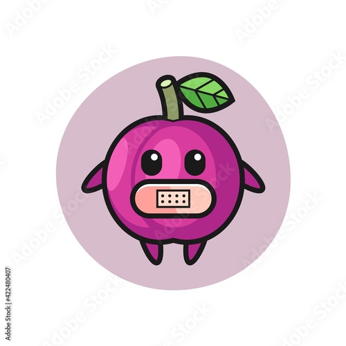 Cartoon Illustration of plum fruit with tape on mouth