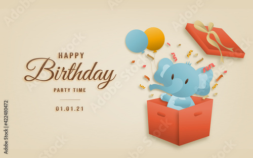 Invitation birthday elephant greeting card with a cute animal. Party animals celebrate children's birthday and template invitation paper art style vector illustration.