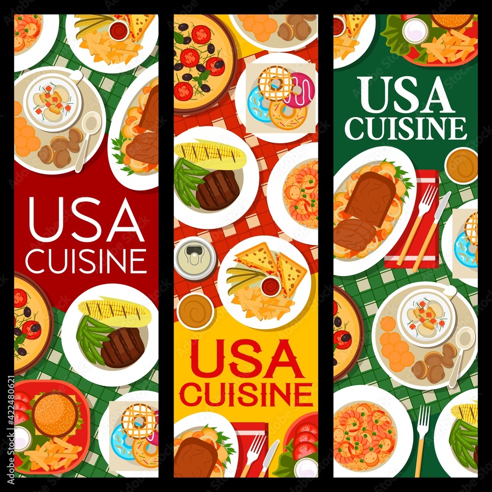 USA food, American cuisine menu for restaurant and cafe, vector banners. Traditional American cuisine lunch, dinner and breakfast dishes, sandwiches and roast beef meals with french fires and donuts USA food, American cuisine menu for restaurant and cafe, vector banners. Traditional American cuisine lunch, dinner and breakfast dishes, sandwiches and roast beef meals with french fires and donuts