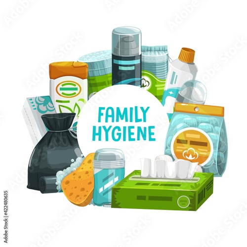 Family hygiene and body care products round frame. Vector stuff shaving foam, sponge and toothpaste, wipes package. Shampoo, antiperspirant and ear sticks with cotton pads, sack hygiene cartoon poster