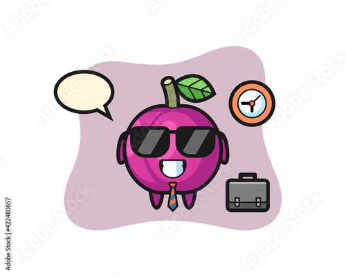 Cartoon mascot of plum fruit as a businessman