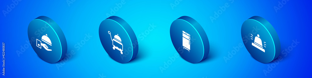 Set Isometric Covered with tray, Refrigerator, Hotel service bell and icon. Vector Set Isometric Covered with tray, Refrigerator, Hotel service bell and icon. Vector