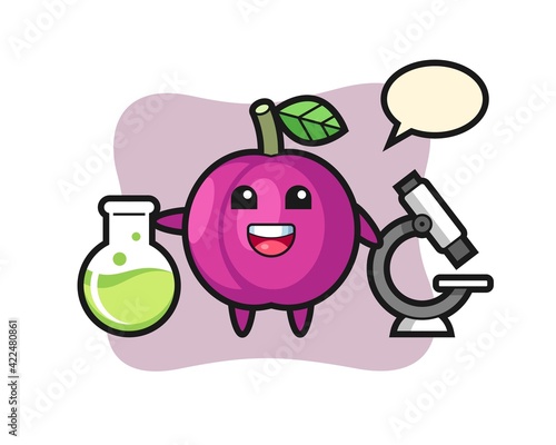 Mascot character of plum fruit as a scientist