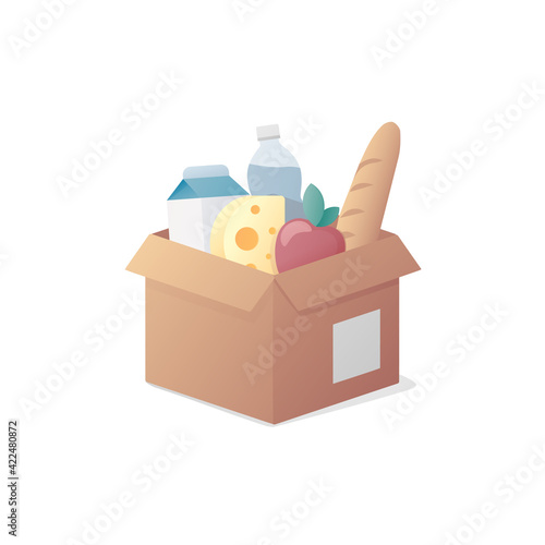 Grocery store food delivery concept. Cardboard box. Colored illustration. Isolated on white background. 