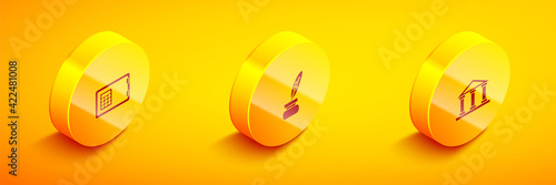 Set Isometric Safe, Feather and inkwell and Courthouse building icon. Vector