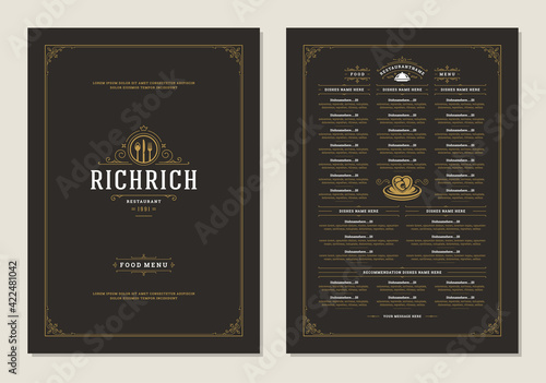 Menu design template with cover and restaurant vintage logo vector brochure.