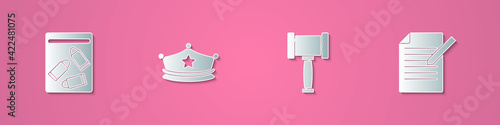 Set paper cut Evidence bag and bullet, Police cap with cockade, Judge gavel and Document pen icon. Paper art style. Vector