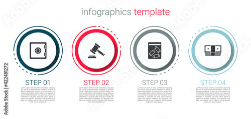 Set Safe, Judge gavel, Evidence bag and bullet and Bribe money cash. Business infographic template. Vector
