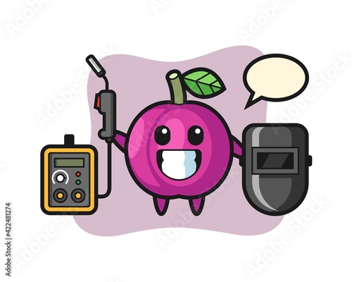 Character mascot of plum fruit as a welder © heriyusuf
