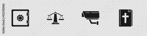 Set Safe, Scales of justice, Security camera and Holy bible book icon. Vector