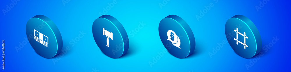 Set Isometric Bribe money cash, Law, Prison window and Judge gavel icon. Vector Set Isometric Bribe money cash, Law, Prison window and Judge gavel icon. Vector