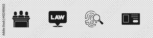 Set Jurors, Location law, Fingerprint and Identification badge icon. Vector