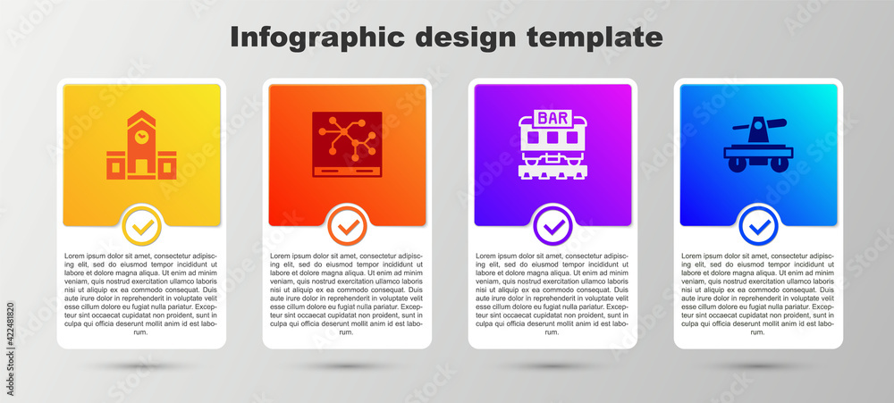 Set Railway station, map, Restaurant train and Draisine or handcar. Business infographic template. Vector Set Railway station, map, Restaurant train and Draisine or handcar. Business infographic template. Vector