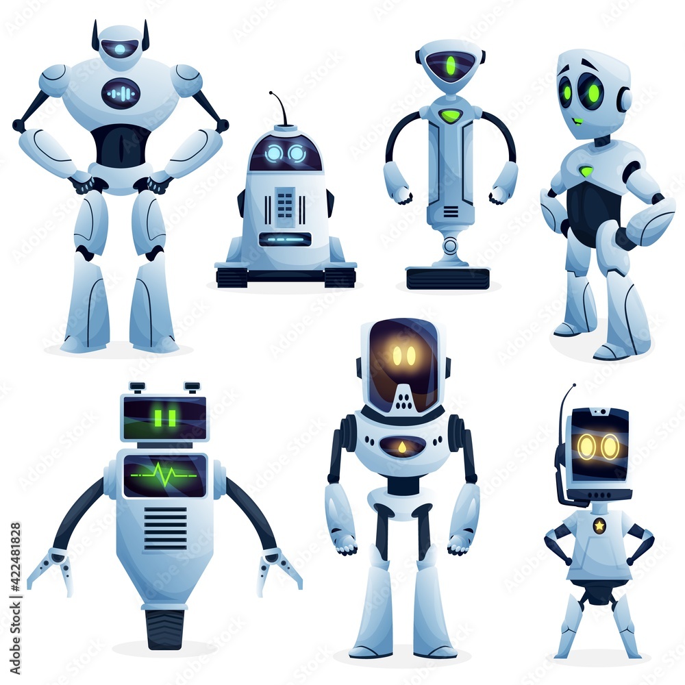 Robot and artificial intelligence bot characters. Vector ai robots, androids, cyborgs and droids with humanoid bodies, cute computer faces and mechanical manipulator arms, headphones Stock-vektor | Adobe Stock