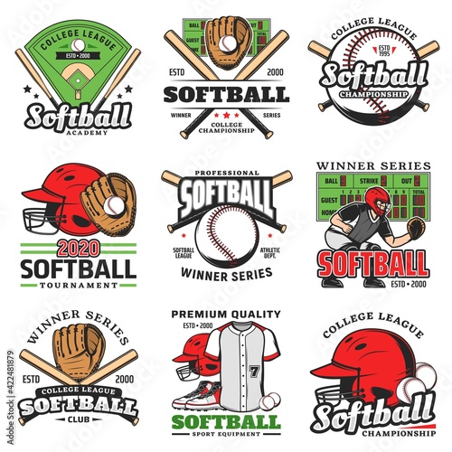 Softball tournament, sport game vector icons. Balls, bats and stadium play field, pitcher player helmet and scoreboard. Catcher glove, softball club sporting items emblems, winner series labels set