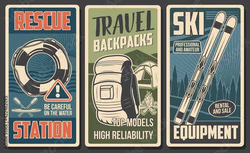Tourist equipment, hiking camp and skiing gear vector banners of travel and outdoor adventure. Camping tent, hiking backpack and campfire, skis, rescue station boat and lifebuoy, forest and mountain
