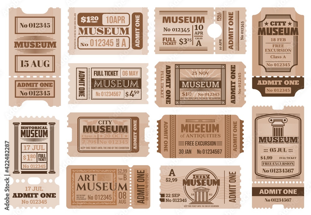 Retro tickets in historical museum exposition. Excursion access pass, museum entrance vintage admission ticket and event invite card vector templates with ancient columns, typography and perforation Retro tickets in historical museum exposition. Excursion access pass, museum entrance vintage admission ticket and event invite card vector templates with ancient columns, typography and perforation