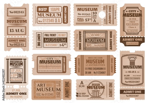 Retro tickets in historical museum exposition. Excursion access pass, museum entrance vintage admission ticket and event invite card vector templates with ancient columns, typography and perforation