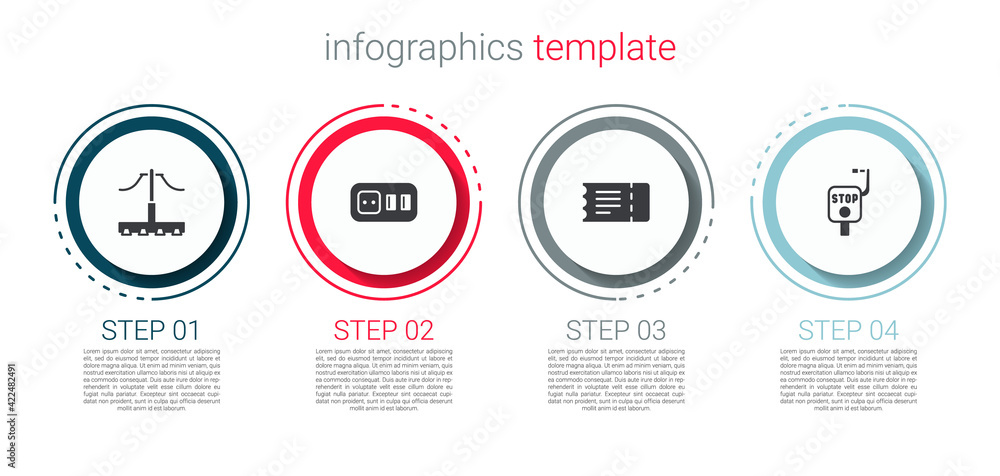 Set Railway, Electrical outlet, Train ticket and Emergency brake. Business infographic template. Vector Set Railway, Electrical outlet, Train ticket and Emergency brake. Business infographic template. Vector