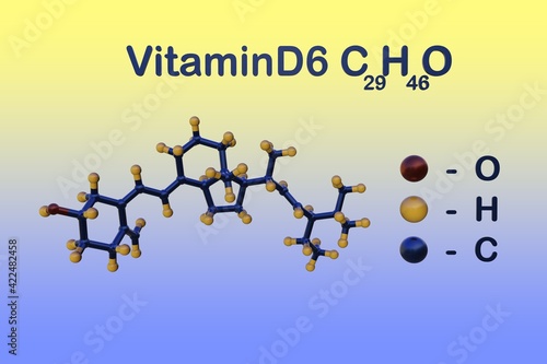 Structural chemical formula and molecular model of vitamin D6, the fat-soluble secosteroid responsible for increasing intestinal absorption of calcium, magnesium and phosphate. 3d illustration photo