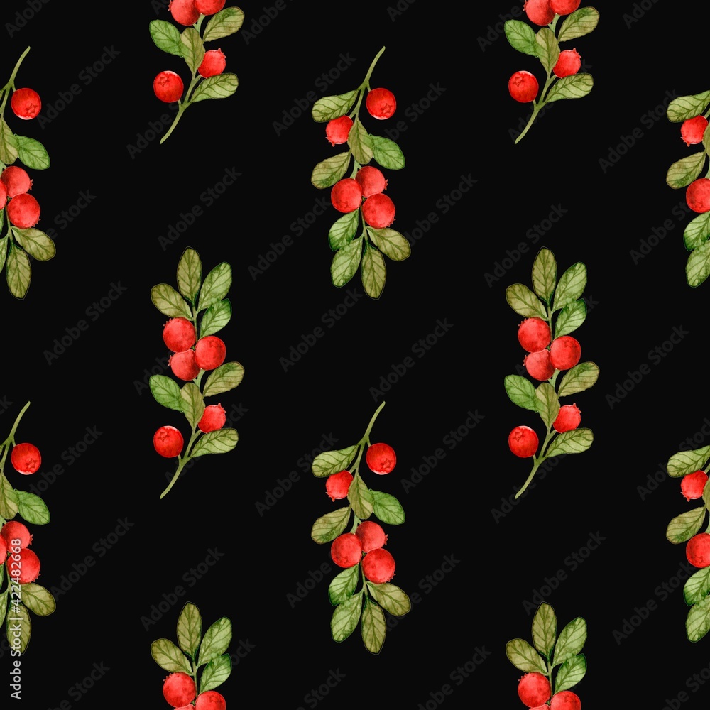 Seamless watercolor pattern with lingonberry sprigs. Berry background. Red forest berries. Scandinavian style. Digital paper. Seamless watercolor pattern with lingonberry sprigs. Berry background. Red forest berries. Scandinavian style. Digital paper.