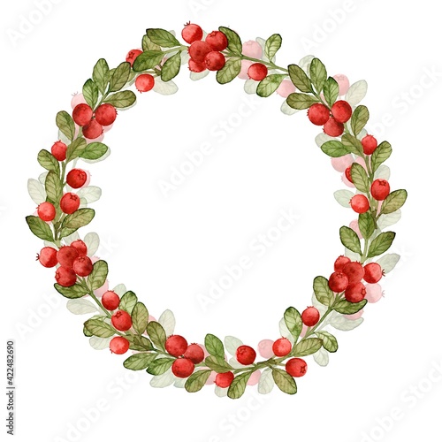 Watercolor wreath of lingonberry twigs isolated on white background. Red forest berries. Berry frame. Scandinavian style. For invitations, cards, albums, scrapbooking.