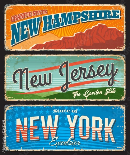 USA travel and tourism vector rusty metal signboards with New York, New Jersey and New Hampshire American states. Garden, granite and empire states of America, tin banners with stars and stripes flag