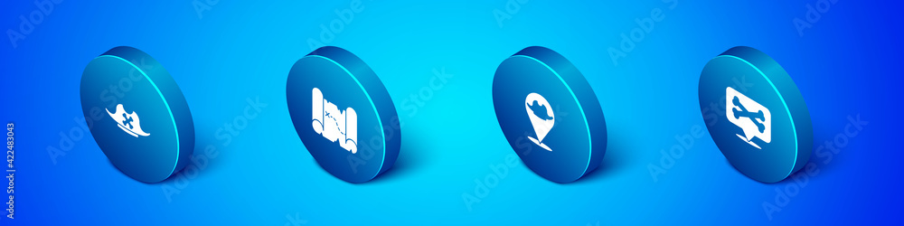 Set Isometric Pirate hat, Location pirate, and treasure map icon. Vector Set Isometric Pirate hat, Location pirate, and treasure map icon. Vector