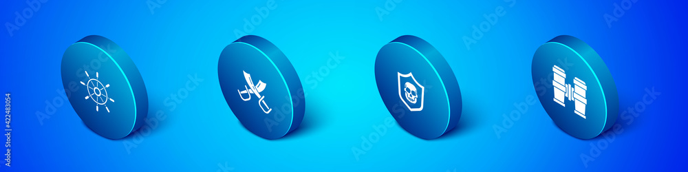 Set Isometric Ship steering wheel, Shield with pirate skull, Binoculars and Crossed swords icon. Vector Set Isometric Ship steering wheel, Shield with pirate skull, Binoculars and Crossed swords icon. Vector