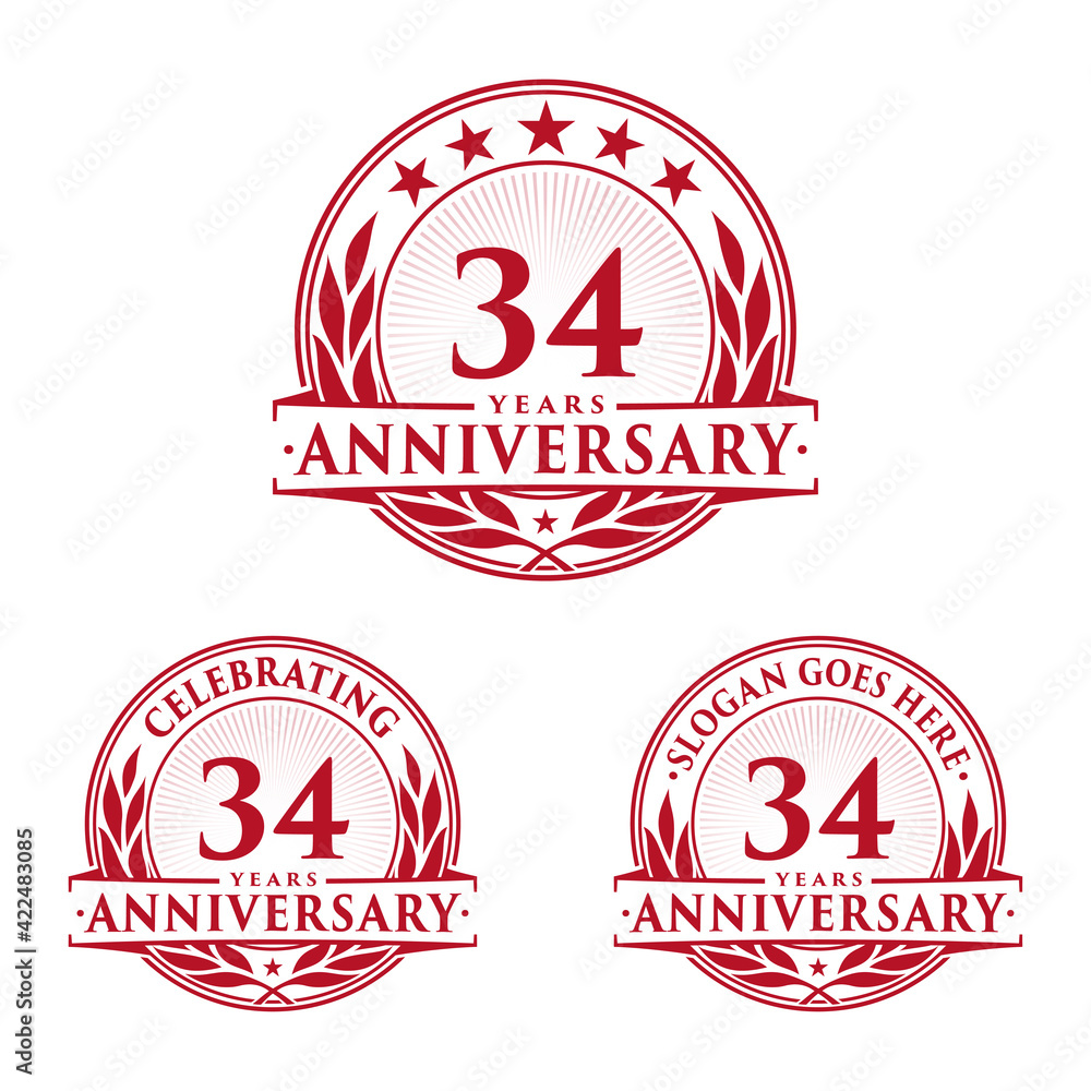 34 years anniversary logo set. 34th years anniversary celebration logotype. Vector and illustration. 34 years anniversary logo set. 34th years anniversary celebration logotype. Vector and illustration.