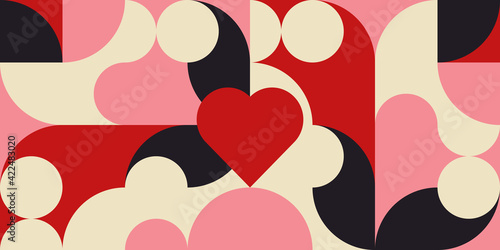 Romantic vector abstract  geometric background with hearts, circles, rectangles and squares  in retro scandinavian style. Pastel colored simple shapes graphic pattern. Abstract mosaic artwork. © dinadankersdesign