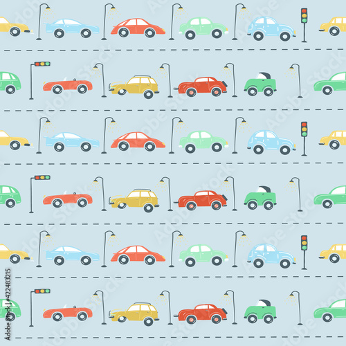 endless pattern set city cars traffic lights road. simple hand drawing style vector illustration