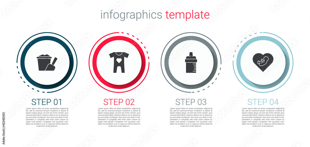 Set Sand in bucket with shovel, Baby clothes, bottle and inside heart. Business infographic template. Vector Set Sand in bucket with shovel, Baby clothes, bottle and inside heart. Business infographic template. Vector
