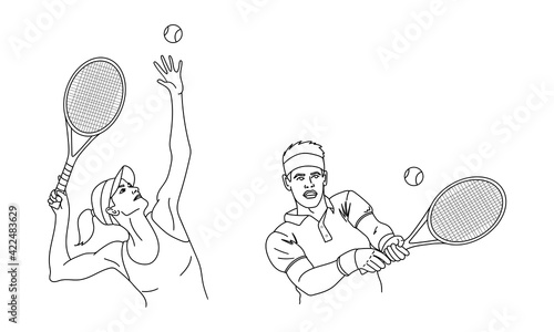 Tennis players. Man and girl outline silhouettes with a tennis racket and ball. Vector illustration.