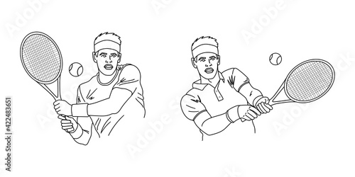 Tennis player outline silhouette or sketch. Man with a tennis racket and ball. Vector illustration.