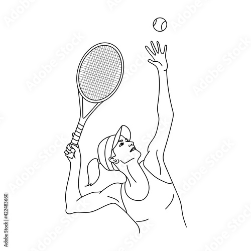 Tennis player outline silhouette or sketch. Woman or girl with a tennis racket and ball. Vector illustration.