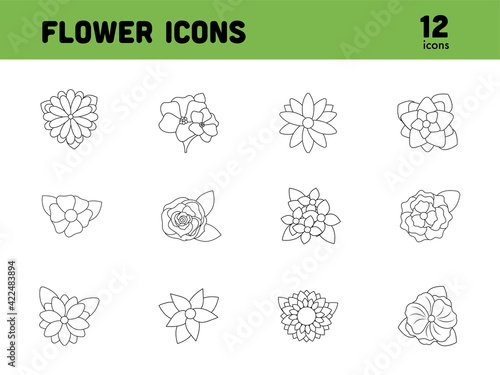 Black Line Art Set of Flower Icon In Flat Style.
