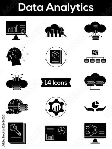 Set Of Data Analytics Icon In Glyph Style.