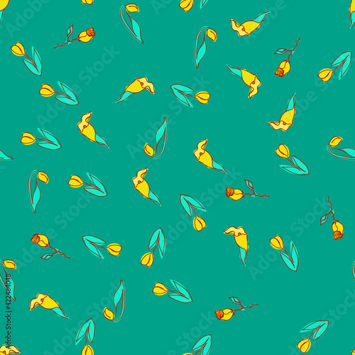 Seamless pattern with doodle flowers and leaves. © Anastasiya