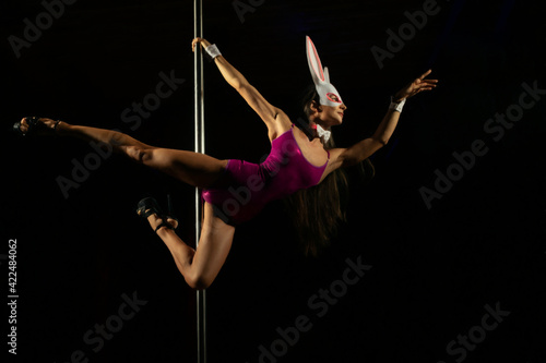 Beautiful woman performing pole dance in rabbit costume. Shoton dark background.