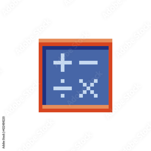 Blackboard, mathematics, back to school, pixel art icon, school board Isolated vector illustration. Design for logo, sticker and app.